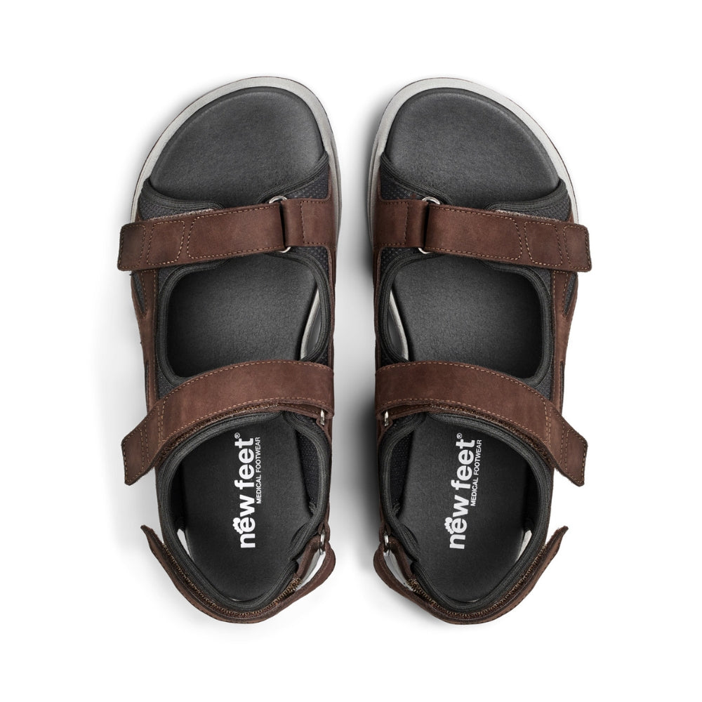 New Feet Herresandal m/3 Velcro remme Brun